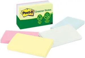 Post-it Greener Notes 655-RP-A Recycled Pastel Notes, 3 x 5, Four Colors, 5 100-Sheet Pads/Pack