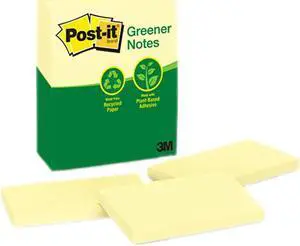 Post-it Greener Notes 655-RP-YW Recycled Notes, 3 x 5, Canary Yellow, 12 100-Sheet Pads/Pack