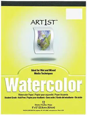 Pacon 4910 Artist Watercolor Paper Pad, 9 x 12, White, 12 Sheets/Pad