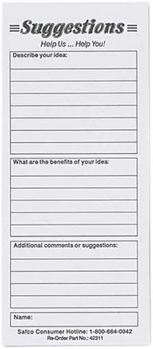 Safco 4231 Suggestion Box Cards, 3-1/2 x 8, White, 25 Cards/Pack