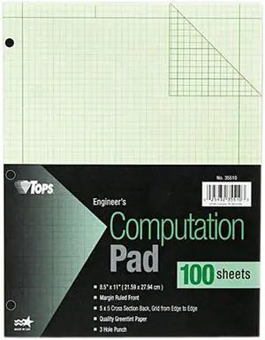 Tops 35510 Engineering Computation Pad, 5 Squares, Quad Rule, Ltr, Green, 100-Sheet/Pad