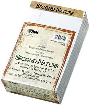 Tops 74830 Second Nature Recycled Note Pads, Lgl/Margin Rule, 5 x 8, White, 50-Sheet, Dozen