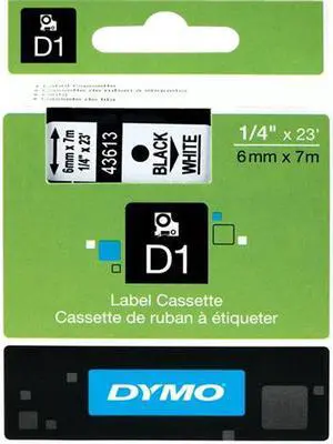 Dymo 43613 Black on White D1 Label Tape 0.25" Width x 23 ft Length - 1 Each - Polyester - Thermal Transfer - White