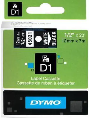 Dymo 45021 White on Black D1 Label Tape 0.50" Width x 23 ft Length - 1 Each - Polyester - Thermal Transfer - White