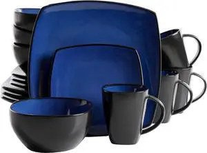 Gibson Soho Lounge 16 Piece Reactive Glaze Dinnerware Plates, Bowls, & Mugs, Blue