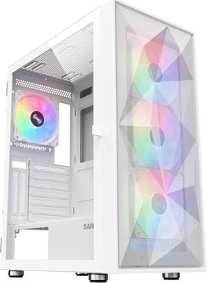 SAMA Door Opening Design Tempered Glass ATX Gaming PC Case Comperter Case White, Support Micro ATX MATX, 4 ARGB Fans Pre-Installed with RGB Keyboard Gift