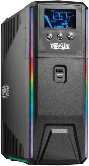 Tripp Lite UPS 600VA 360W 120V Pure Sine Wave Gaming UPS Battery Backup - LCD, AVR, RGB LEDs, USB Charging, Power Saving - Tower - AVR - 7 Hour Recharge - 2.50 Minute Stand-by - 120 V AC Input - 120 V