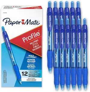 Paper Mate Profile Retractable Ballpoint Pens, 1.4 mm, Bold Point, Translucent Barrel, Blue Ink, Pack Of 12, 89466