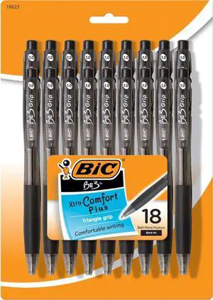 BIC BU3 Grip Retractable Ballpoint Pens, Medium Point, 1.0 mm, Clear Barrel, Black Ink, Pack Of 18 Pens