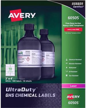 AVERY 60505 2" x 4" GHS Chemical Labels for Laser Printers, 500 labels/50-sheets