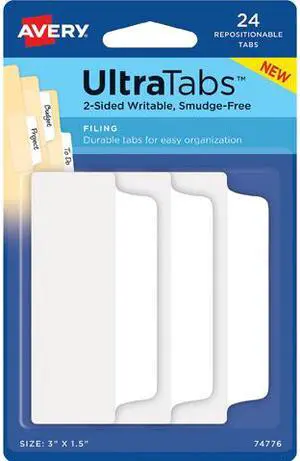 Avery; Filing Ultra Tabs - Write-on Tab(s) - 3" Tab Height x 1.50" Tab Width - Self-adhesive - White Tab(s) - 24 / P