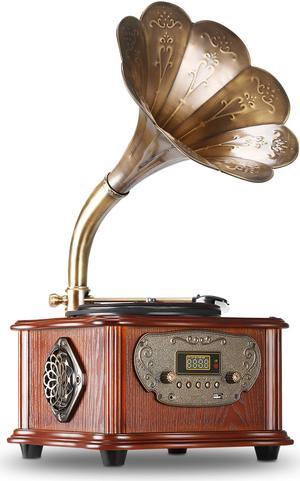 LuguLake Record Player Retro Turntable All in One Vintage Phonograph Nostalgic Gramophone for LP with Copper Horn, Built-in Speaker 3.5mm Aux-in/USB/FM Radio