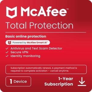 McAfee Total Protection  (Windows, macOS, Android, iOS, ChromeOS) 2025 | 1 Device | Includes Antivirus, Scam Protection, Secure VPN | 1-Year Subscription with Auto-Renewal | Digital Download