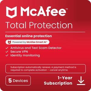 McAfee Total Protection  (Windows, macOS, Android, iOS, ChromeOS) - 5 Devices - 1-Year Subscription with Auto-Renewal (Digital Download)