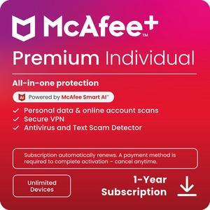 McAfee+ Premium Individual Unlimited Devices 2025 | Cybersecurity Software Includes Antivirus, Scam Protection, Secure VPN, Identity Monitoring |1-Year Subscription with Auto-Renewal |Digital Download