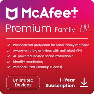 McAfee + Premium Family 2024 - Unlimited Devices / Parental Controls / Unlimited VPN / 1 Year - Download
