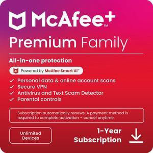 McAfee+ Premium Family Unlimited Devices 2025 | Cybersecurity Software Includes Antivirus, Scam Protection, Secure VPN, Identity Monitoring |1-Year Subscription with Auto-Renewal |Digital Download