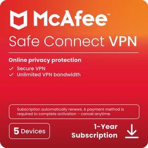 McAfee Safe Connect VPN (Windows/Android/iOS/ChromeOS) - 5 Devices - 1-Year Subscription with Auto-Renewal (Digital Download)