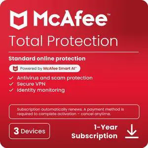 McAfee Total Protection [Student & Teacher Edition]  (Windows, macOS, Android, iOS, ChromeOS) - 3 Devices - 1-Year Subscription with Auto-Renewal (Digital Download)