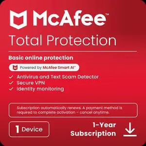 McAfee Total Protection  (Windows, macOS, Android, iOS, ChromeOS) 2025 | 1 Device | Includes Antivirus, Scam Protection, Secure VPN | 1-Year Subscription with Auto-Renewal | Digital Download