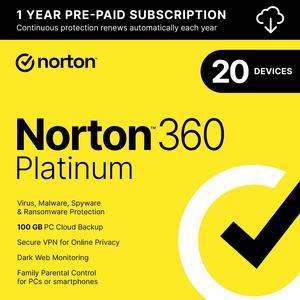 Norton 360 Platinum 2024 - 20 Devices - 1 Year with Auto Renewal - Download