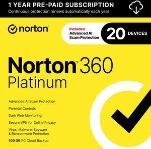 Norton 360 Platinum 2025, Antivirus software for 20 Devices with Auto-Renewal – Includes Advanced AI Scam Protection, VPN & PC Cloud Backup [Download]