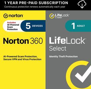 Norton 360 for 5 Devices with LifeLock Select, 1 Year Subscription with Auto Renewal, All-in-One Protection for your Devices, Online Privacy, and Identity [Download]