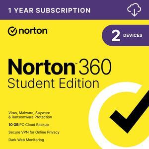 Norton 360 Student Edition – Antivirus software for 2 Devices – Includes VPN, PC Cloud Backup & Dark Web Monitoring [Download]
