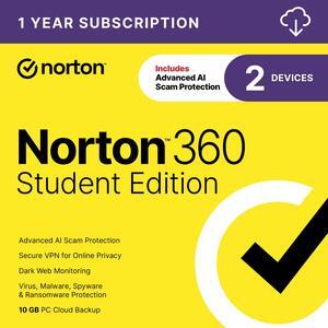 Norton 360 Student Edition – Antivirus software for 2 Devices – Includes Advanced AI Scam Protection, VPN, & PC Cloud Backup [Download]