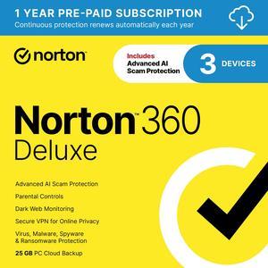 Norton 360 Deluxe 2025, Antivirus software for 3 Devices with Auto-Renewal – Includes Advanced AI Scam Protection, VPN & PC Cloud Backup [Download]