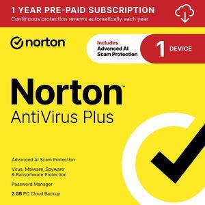 Norton AntiVirus Plus 2025, Antivirus software for 1 Device with Auto-Renewal – Includes Advanced AI Scam Protection, Password Manager and PC Cloud Backup [Download]
