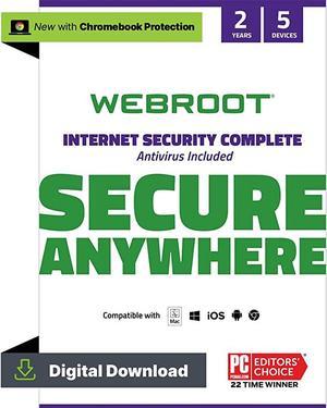 Webroot Internet Security Complete 2024 - 5 Device - 2 Year Download for PC/Mac/Chromebook/Android/IOS + Password Manager, Performance Optimizer & Cloud Backup