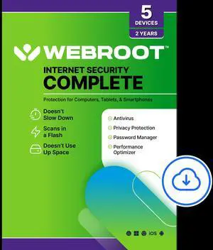 Webroot Complete Internet Security Complete + Antivirus - 5 Devices - 2-Year – Download Android, Apple iOS, Chrome, Mac OS, Windows