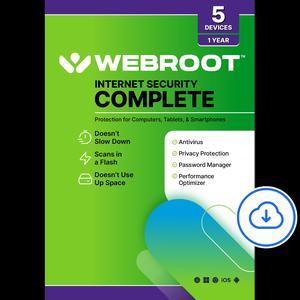 Webroot Complete Internet Security Complete + Antivirus - 5 Devices - 1-Year – Download Android, Apple iOS, Chrome, Mac OS, Windows