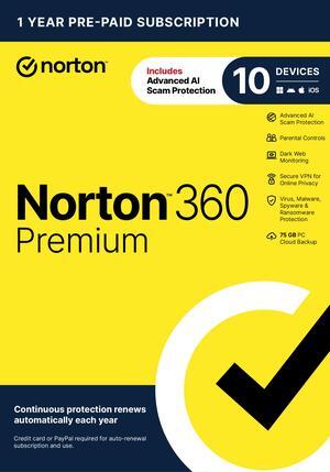 Norton 360 Premium, Antivirus software for 10 Devices with Auto-Renewal – Includes Advanced AI Scam Protection, VPN, Dark Web Monitoring & PC Cloud Backup - Key Card