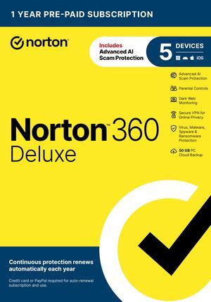 Norton 360 Deluxe, Antivirus software for 5 Devices with Auto-Renewal – Includes Advanced AI Scam Protection, VPN, Dark Web Monitoring & PC Cloud Backup - Key Card