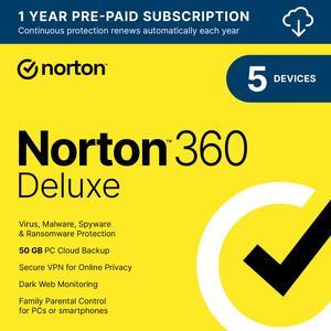 Norton 360 Deluxe 2024 - 5 Devices - 1 Year with Auto Renewal - Download
