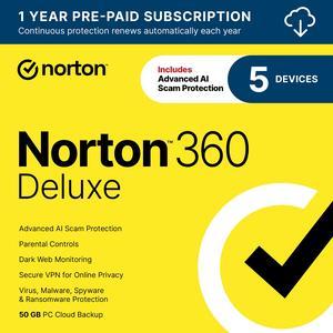 Norton 360 Deluxe 2025, Antivirus software for 5 Devices with Auto-Renewal – Includes Advanced AI Scam Protection, VPN & PC Cloud Backup [Download]
