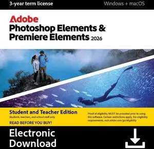 Adobe Photoshop Elements & Premiere Elements 2026 | Student & Teacher Edition | PC/Mac | Software Download | Photo & Video Editing | 3-year term license | Activation Required