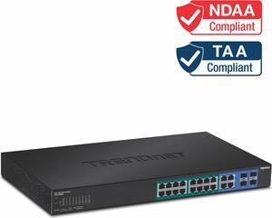 TRENDnet 20-Port Gigabit PoE+ Web Smart PoE+ Switch, 16 x Gigabit PoE+ Ports, 4 x Shared Gigabit Ports, Up To 30W Per Port, 185W Total Power Budget, Rack Mountable, Black, TPE-1620WS