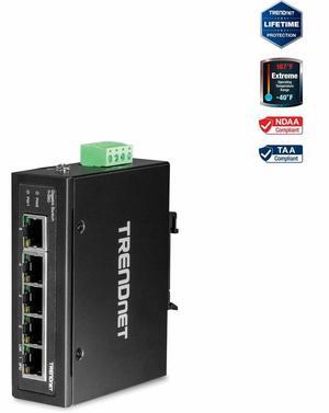 TRENDnet 5-Port Hardened Industrial Gigabit DIN-Rail Switch, TI-G50, 10 Gbps, IP50 Rated, Ethernet Splitter, NDAA & TAA Compliant, DIN-Rail and Wall Mounts Included, Lifetime Protection, Black