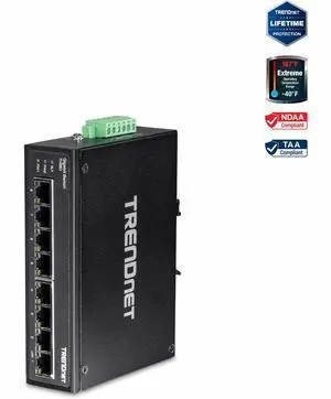 TRENDnet 8-Port Hardened Industrial Gigabit DIN-Rail Switch, TI-G80, 16 Gbps Switching Capacity, IP30 Rated, Ethernet Splitter, NDAA & TAA Compliant, Lifetime Protection, Black