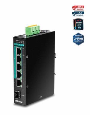TRENDnet 6-Port Hardened Industrial Gigabit Poe+ Layer 2 Managed DIN-Rail Switch, 4 x Gigabit PoE+ 802.3at Ports, 1 x Gigabit Port, 1 x Gigabit SFP Slot, 120W Power Budget, Black, TI-PG541i