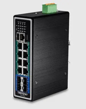 TRENDnet 12-Port Hardened Industrial Gigabit PoE+ Layer 2+ Managed DIN-Rail Switch, TI-PG1284i, 240W Power Budget, IP30 Rated, Ethernet Splitter, NDAA & TAA Compliant, Lifetime Protection, Black