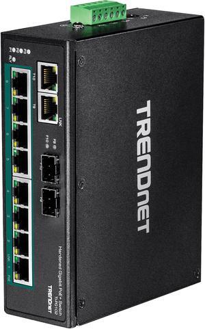 TRENDnet 10-Port Industrial Gigabit PoE+ DIN-Rail Switch, 8 x Gigabit PoE+ Ports, DIN-Rail Mount, 2 x SFP Slots, 240W PoE Power Budget, Network Switch, IP30, QoS, Black, TI-PG102