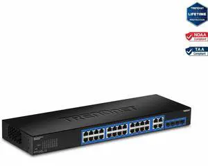 TRENDnet 28-Port Gigabit Web Smart Switch; 24 x Gigabit Ports; 4 x Shared Gigabit Ports (RJ-45/SFP); VLAN; QoS; LACP; IPv6; 56Gbps Switching Capacity; Lifetime Protection; TEG-284WS