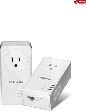 TRENDnet Powerline 1300 AV2 Adapter With Built-in Outlet Adapter Kit, Includes 2 x TPL-423E Adapters, IEEE 1905.1 & IEEE 1901, Gigabit Port, Range Up To 300m (984 ft), White, TPL-423E2K