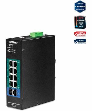 TRENDnet 10-Port Industrial Gigabit L2 Managed PoE+ DIN-Rail Switch, 8 x Gigabit PoE+ Ports, DIN-Rail Mount, 2 x SFP Slots, 24-57V DC Power Input, IP30, VLAN, Black, TI-PG102i