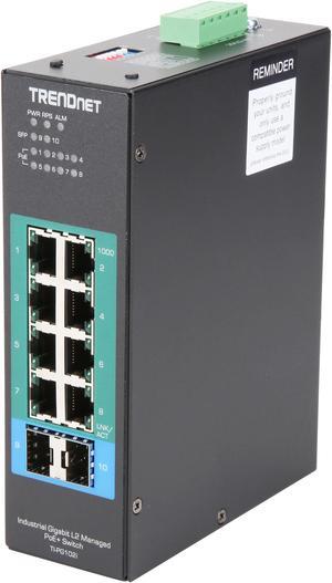 TRENDnet 10-Port Industrial Gigabit L2 Managed PoE+ DIN-Rail Switch, 8 x Gigabit PoE+ Ports, DIN-Rail Mount, 2 x SFP Slots, 24-57V DC Power Input, IP30, VLAN, Black, TI-PG102i