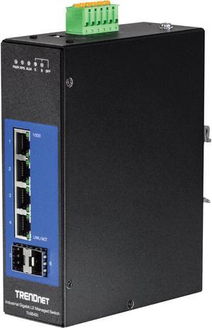 TRENDnet, 6-Port Industrial Gigabit L2 Managed DIN-Rail Switch, 4 x Gigabit Ports, 2 x SFP Slots, DIN-Rail Mount, IP30, VLAN, QoS, LACP, STP/RSTP, Bandwidth management, TI-G642i